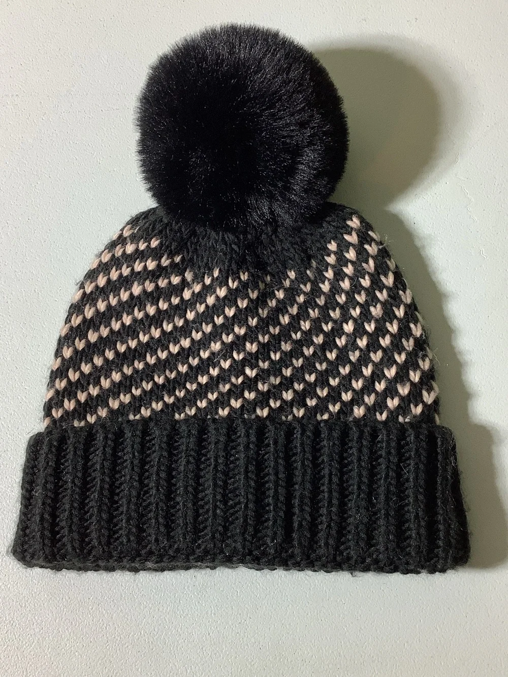 Nine West black beanie with pale pink heart accents